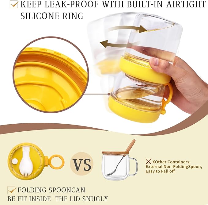 Container Food Overnight Oats Containers with Lids, Folding Spoons 26 oz Plastic Mason Jars Containers with Lids Portable Cereal and Milk Container on The Go (yellow Oatmeal Cup)