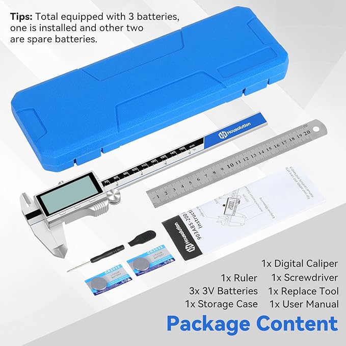 Housolution Digital Caliper, 6Inch Caliper Measuring Tool with Large LCD Screen, Inch/MM Switch, 4 Measuring Ways, Stainless Steel Micrometer Vernier Caliper with Splashproof Screen for Woodworkers
