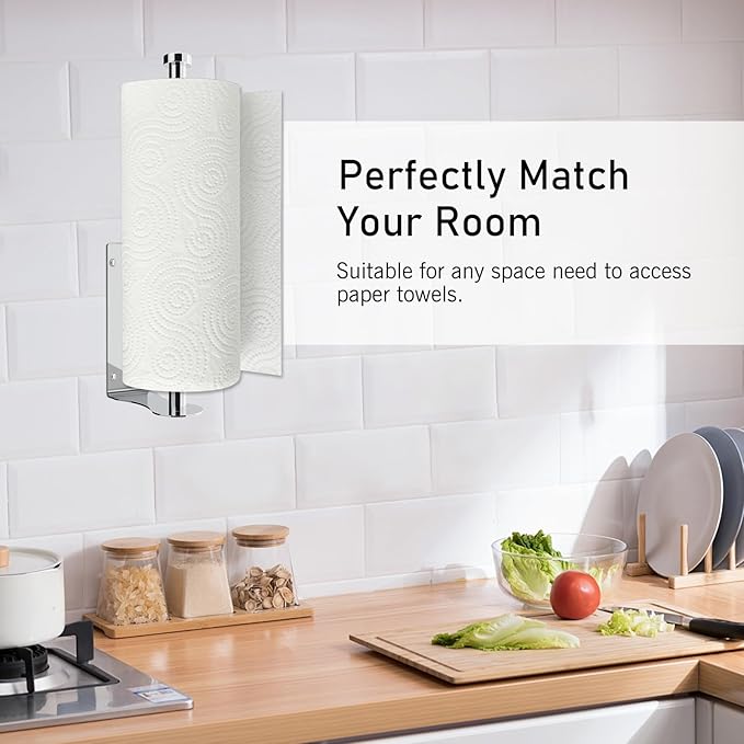 SetSail Paper Towel Holder, Single Hand Operable Paper Towel Holder Under Cabinet with Adjustable Damper Easy Tear Wall Mount Self-Adhesive or Drilled for Kitchen Bathroom, Mirror Silver