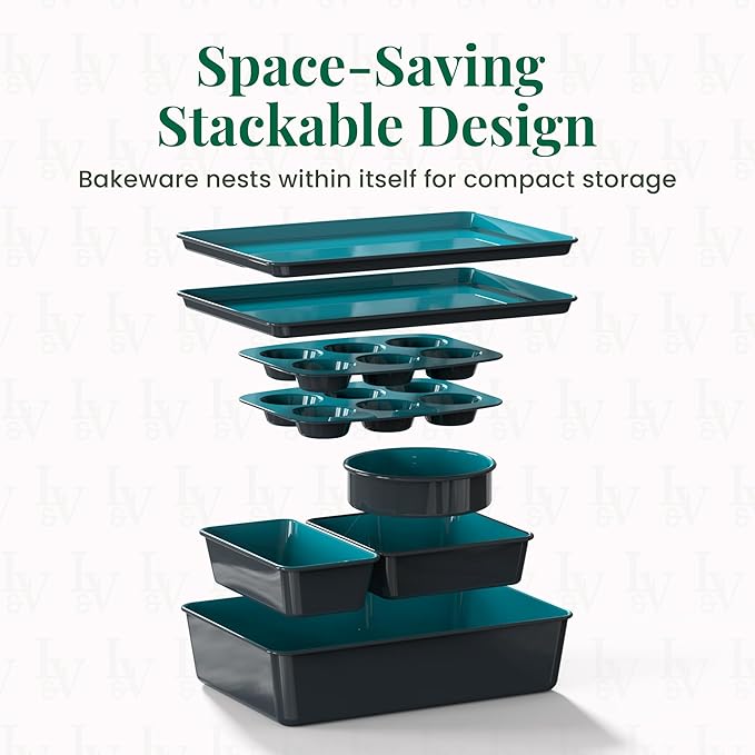 Larder & Vine 8-Piece Bakeware Set | Non-Stick Baking Set with Ceramic Finish | PFAS, PFOA, PTFE, and BPA Free Baking Essentials | Baking Sheets, Muffin Tins and Assorted Baking Pans | Bondi