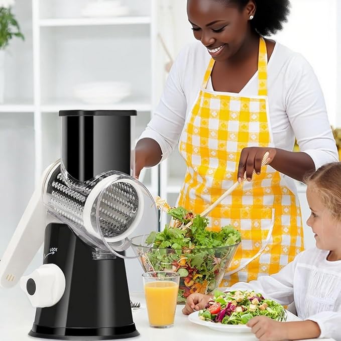 Rotary Cheese Grater Hand Crank, Grater For Kitchen With Reinforced Suction - Rotary Cheese Grater With 3 Replaceable Stainless Steel Blades - Easy to Use & Clean - Vegetable Cutter (Black)