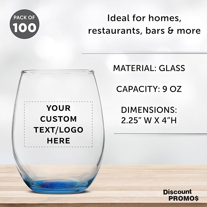 Custom Stemless Wine Glass 9 oz. Set of 100, Personalized Bulk Pack - Great for Wedding Favors, Bachelorette Party Decorations, Party Favors, Color Bottom - Blue