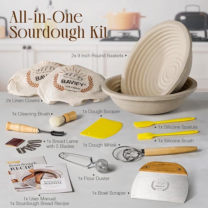 Wood Pulp Banneton Bread Proofing Basket Set, 9" 2.2LB Round Sourdough Banneton Basket Kit, Sourdough Bread Making Tool Baking Supplies with Proofing Bowl, Cover, Dough Whisk, Lame, Scraper