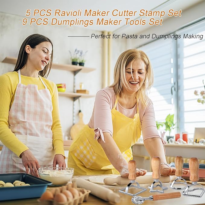 [14 Pieces Upgraded] Ravioli Pasta Cutter Wheel Set, Ravioli Maker Cutter with Roller Wheel with Wooden Handle, Pasta Press Wheel Pasta Tools For Pasta Making Dumplings, Pierogi (14-Pcs Set)