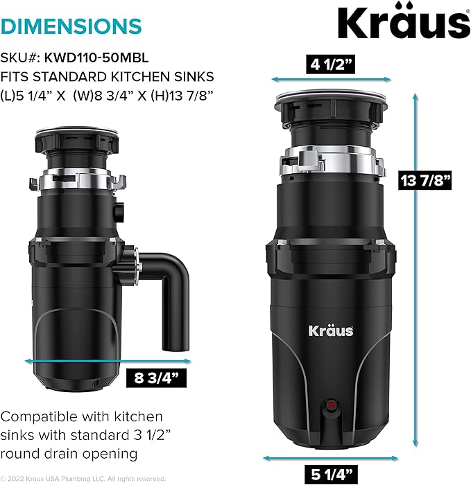 KRAUS WasteGuard 1/2 HP Continuous Feed Ultra-Quiet Motor Garbage Disposal with Quick Connect Mount, Power Cord and Flange Included, KWD110-50MBL