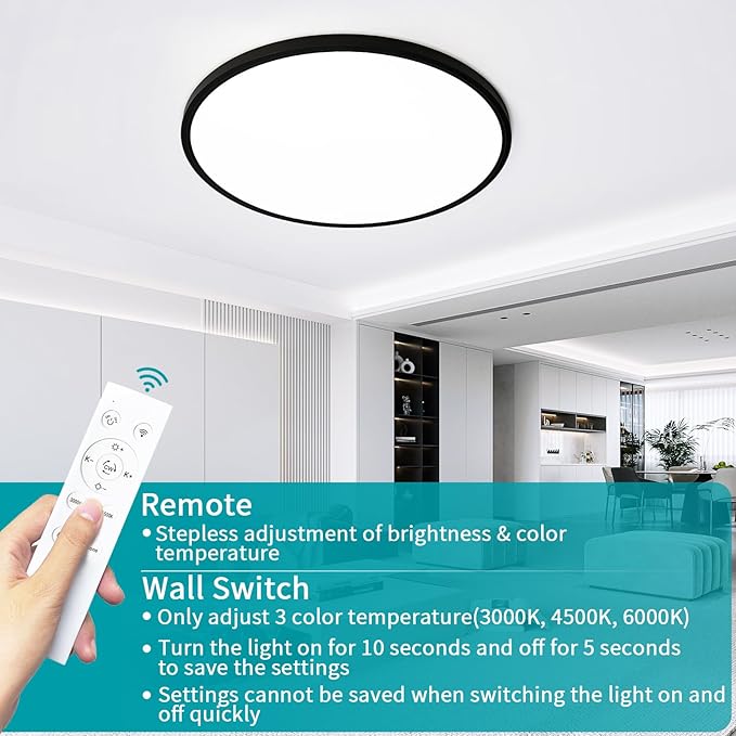 24 Inch Flush Mount Ceiling Light Fixture Dimmable with Remote Control, 56W, 5600 Lumen, Modern, Round, Black, for Kitchen, Dining Room, Bedroom, Living Room, Home Office