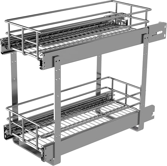 2-Tier Cabinet Pull Out Shelves (7.5" W x 22" D), Slide Out Shelves for Kitchen Cabinets, Metal Pots and Pans Organizer for Under Cabinet
