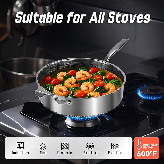 Frying Pans Nonstick wih Lid, Non Stick Tri-Ply Stainless Steel Saute Pan, 8 Quarts Large Sauté Pan, 13.5 Inch Induction Cooking Pan, Dishwasher and Oven Safe, PFOA Free
