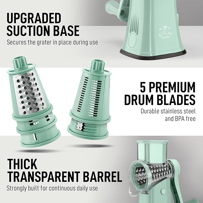 Zulay Kitchen Rotary Cheese Grater 5 Blade Cheese Shredder - Manual Hand Crank Cheese Grater With Reinforced Suction & 5 Interchangeable Drums - Easy to Use, Vegetable Chopper Round Mandoline Slicer