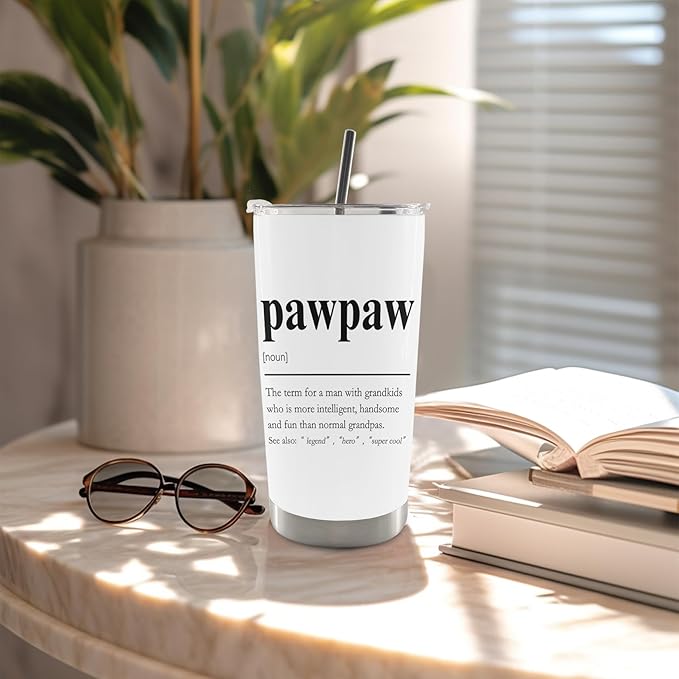 QASHWEY Pawpaw Gifts Coffee Tumbler - Grandpa Paw Paw Gifts from Grandkids Travel Tumbler Coffee Mug, Gift for Pawpaw Fathers Day, Pawpaw Definition Stainless Steel Tumblers with Straw and Lid 20 oz