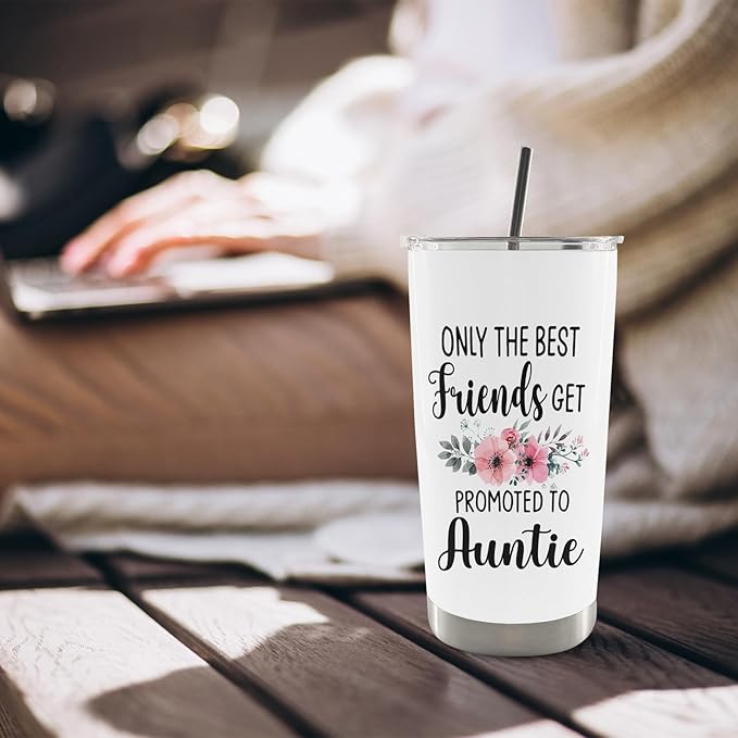 QASHWEY Auntie Gifts Coffee Tumbler 20 oz, Best Aunt Travel Tumbler Coffee Mug Gifts for Friends, Aunt Auntie Gifts from Niece Nephew, Promoted to Auntie Stainless Steel Tumbler with Straw and Lid