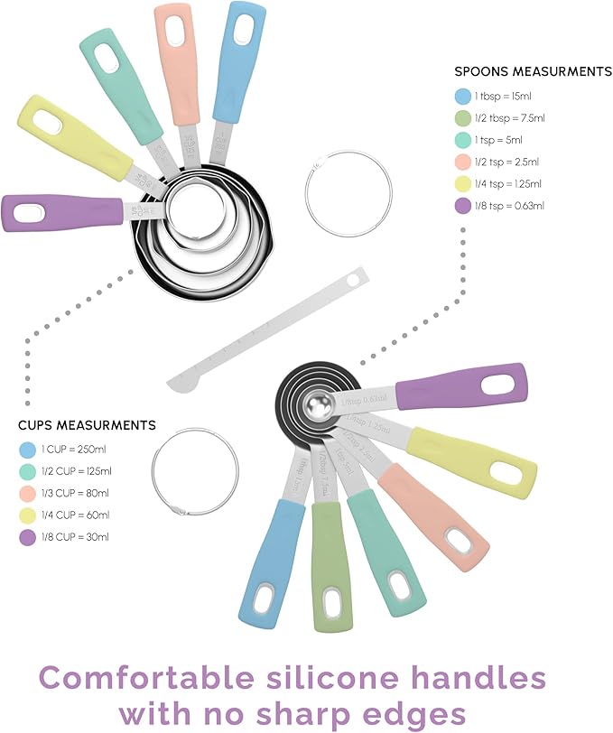 Measuring Cups and Measuring Spoons Set of 14 - Stainless Steel Measuring Cups and Spoons Set, Includes 1/8 Teaspoon Measuring Spoon, 1/8 Cup Measuring Cup, Leveler Dry (14,Cotton Candy)