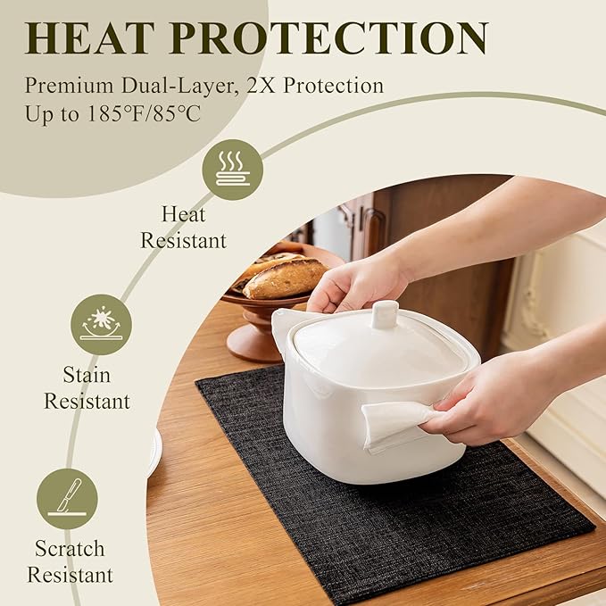 KXN Placemats Set of 4, Dual-Layer Thickened Faux Linen Table Mats, Heat Resistant & Wrinkle-Free, Machine Washable Cloth Place Mats for Kitchen Dining Indoor Outdoor (Black)