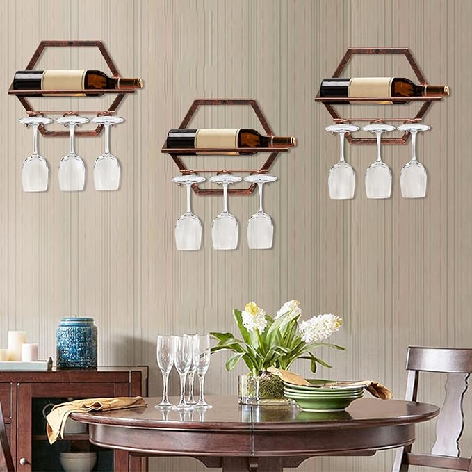 2Pcs Wall Mounted Wine Bottle Rack, Metal Hanging Wine Display Holder Organizer, Red Wine Racks for Home Kitchen Bar Decor Storage (Retro Brown AA)