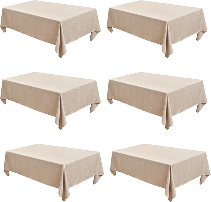Fitable Faux Linen Beige Tablecloths for Rectangle Tables - 90 x 132 Inch - 6 Pack Fabric Textured Washable Table Clothes Floor Lenghth Table Covers for Wedding, Party, Banquet, Birthday