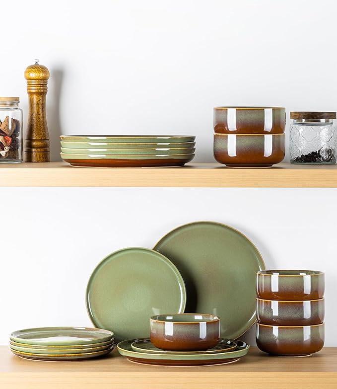 TheTerra Ceramic Dinnerware Sets, Handmade Reactive Glaze Plates and Bowls Set, Scratch Resistant Dish Set, Oven & Microwave & Dishwasher Safe, Service for 6, Brown Green