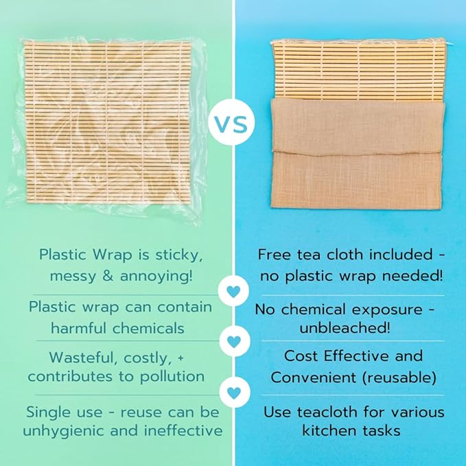 No Plastic Premium Sushi Making Kit for Home, for Beginners or Pro Sushi makers. Made of Premium Wood, includes Tea Cloth, Planet-Friendly - the Best Gift and DIY Home Sushi Kit Experience