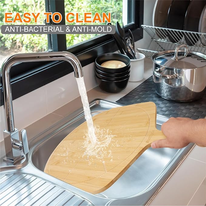 16 inch Natural Bamboo Pizza Peel Set of 2, Double-Sided Use Pizza Cutting Board with 8 Slice Grooves for Pizza, Bread, Cheese, Vegetable, Fruits