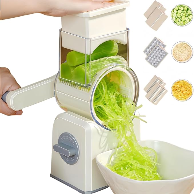 Rotary Cheese Grater with Handle,Replaceable Stainless Blades Cheese Shredder,Multi-Functional Cheese Vegetable Slicer with Storage Box,Easy to Clean Kitchen Gadgets with Storage Box (Beige, 3 Blades)