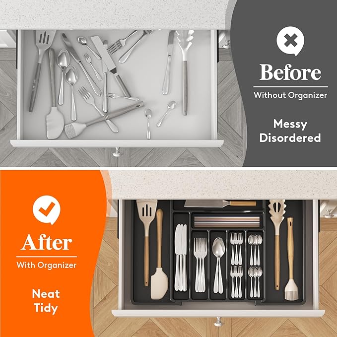 Lifewit Silverware Drawer Organizer, Expandable Utensil Organizer for Kitchen Drawers, Adjustable Cutlery and Flatware Tray, Plastic Spoons Forks Knives Holder Storage Dividers, Large, Black