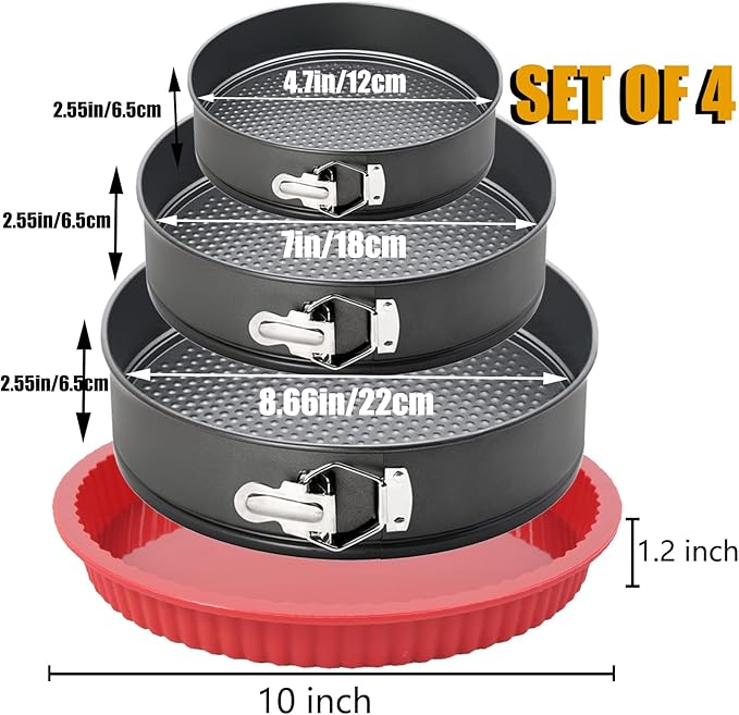 Springform Pan Set of 4 Round Cake Baking Pans with Removable Bottom Leakproof Cheesecake Springform Pan Protector 10 Inch Bakeware for Cake, Cheesecakes, Pizza (4/7/8.6 In)
