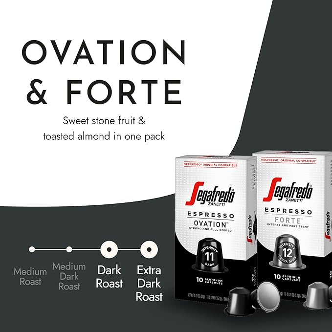 Segafredo Zanetti Espresso Capsules – Aluminum Pods for Nespresso Original Machines – Ovation & Forte Variety Pack Premium Espresso – Dark and Extra Dark Roast – Ovation & Forte, 10 Count (Pack of 4)