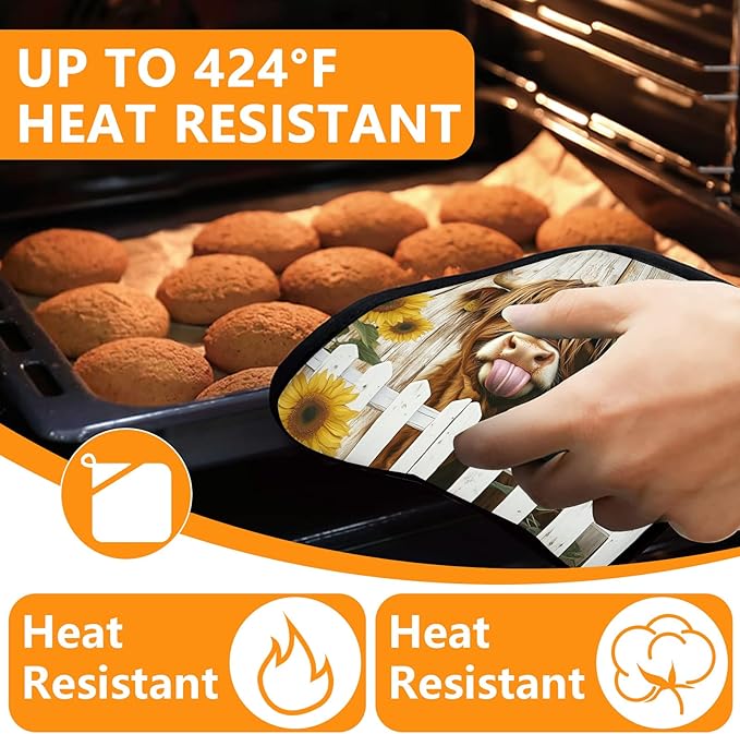 Sunflower Highland Cow Oven Mitts and Pot Holders Sets 4Pcs,Extra Long Oven Gloves Potholder for Kitchen Cooking Baking BBQ 100% Cotton Heat Resistant