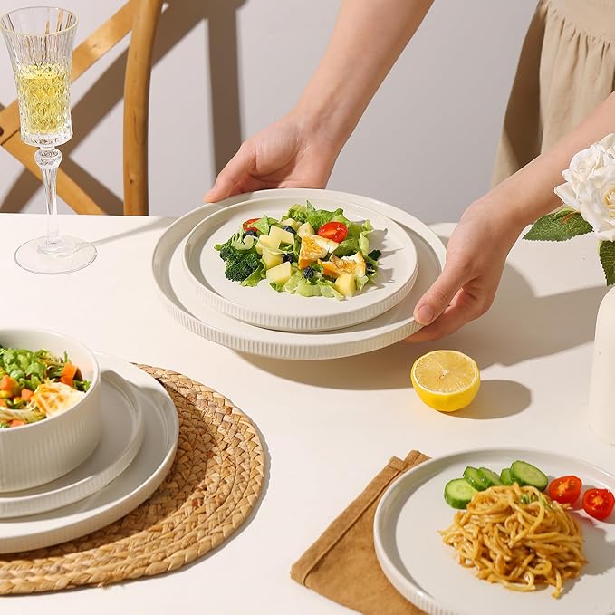 MONITO Ceramic Plates and Bowls Sets for 6, 18PCS Stoneware Dinnerware Sets, Reactive Glaze Dish Set, Chip and Scratch Resistant Double, Microwave and Dishwasher Safe,White