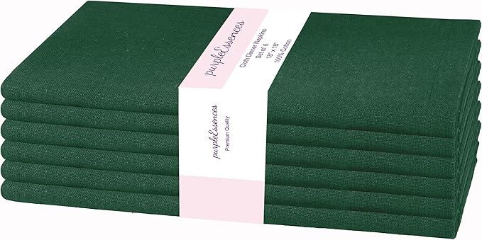 PurpleEssences Set of 6 Cloth Dinner Napkins 100% Cotton 18x18 Inch - Soft Durable Washable - Ideal for Farmhouse Party Christmas Holiday Winter - Perfect Everyday Use Table Linen - Forest Green