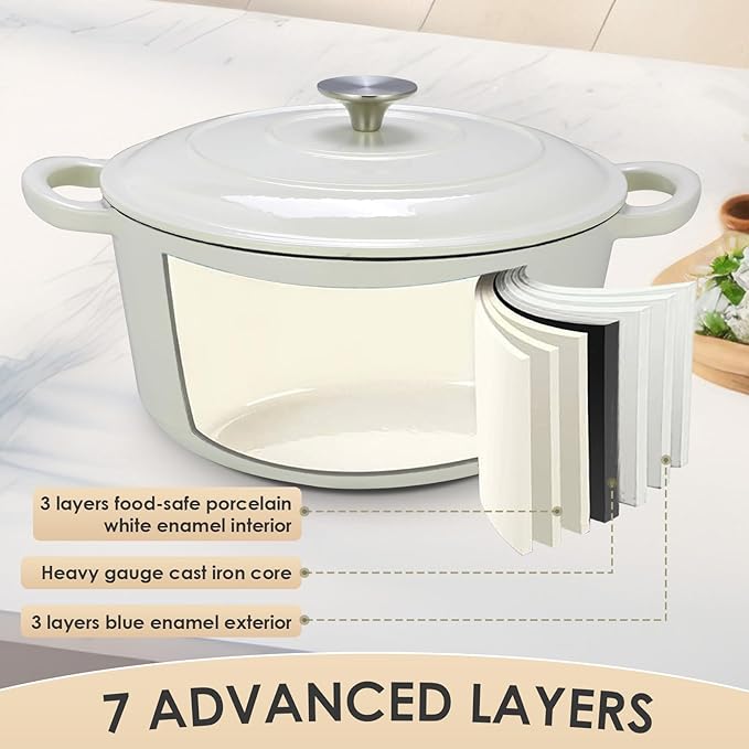 LIFERUN 6 Qt Enameled Cast Iron Dutch Oven Pot with Lid，Oven Safe up to 500° F, Heavy-Duty Non-Stick Dutch Oven with Dual Handles for Bread Baking, Fry Foods, Braising, Stews, Roasting (White)