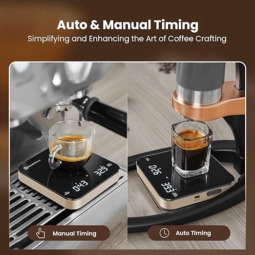 Rechargeable Mini Coffee Scale with Timer, Maestri House Espresso Scale, 2kg/0.1g Accurate Scale for Espresso and Pour-Over Coffee, Portable Digital Kitchen Scale with Automatic Timing(Black&Glod)