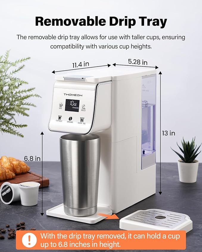 Coffee Maker Hot & Iced With Bold Setting,Single Serve Coffee Maker For K Cup And Grounds，52 Oz Removable Water Tank,6-14 Oz Brew Sizes,One Cup Kcup Coffee Machine With Reusable Filter, White