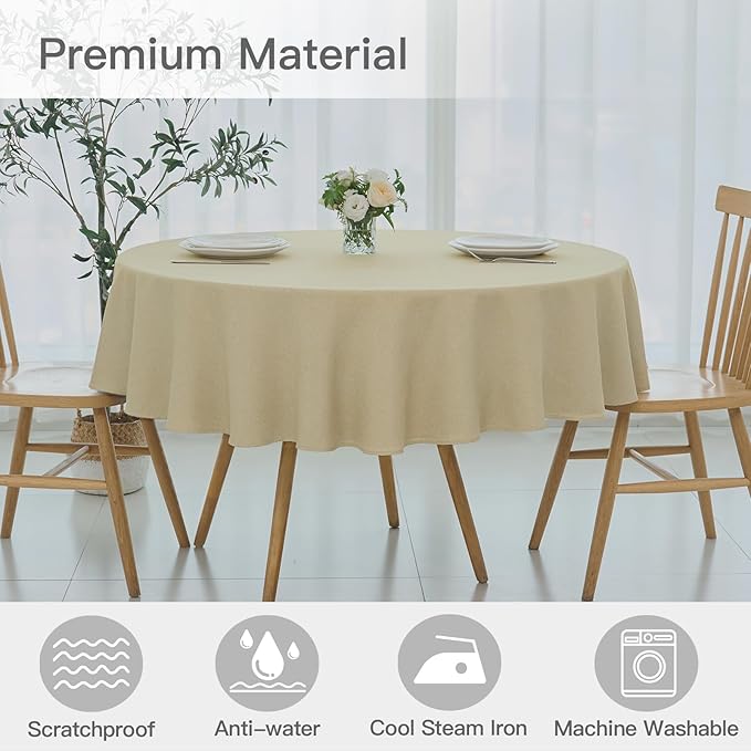 maxmill Round Linen Textured Tablecloth Spill-Proof Stainproof Wrinkle Free Washable Fabric Table Cloth for Circular Table Cover, Dining Room Buffet Banquet Parties Holiday Dinner, 70 Inch Beige