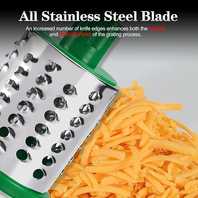 Ourokhome Rotary Cheese Grater Hand Crank, Kitchen Shredder Speed Mandolin Slicer Nuts Grinder with Handle and Drum Blades for Cheese, Vegetable, Walnuts, Chocolate, Potato, Carrot, 3 Blades, Gray