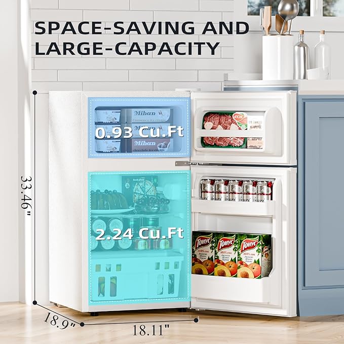 Antarctic Star 3.2 Cu.Ft,Compact Refrigerator,Mini Refrigerator with Freezer,Dual Temperature Fridge,Adjustable Thermostat,for Bedroo/Office/Dorm/Kitchen(white)