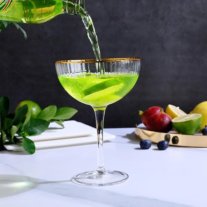 Premium Cheerfull Fluted Coupe Glasses, 10.7 oz Vintage Gold Rim, Hand-Blown Fine Glass – Elegant Barware for Cocktails, Parties & Home Entertaining (4)