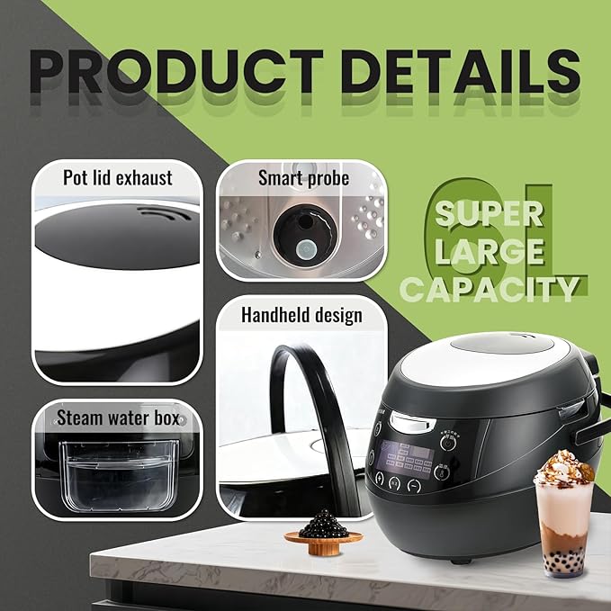 6L Boba Cooker Commercial, Automatic Boba Maker Machine with Even Heat Distribution, Intelligent Tapioca Cooker, for Milk Tea Stores Restaurants Dessert Stores Lounge, 900W