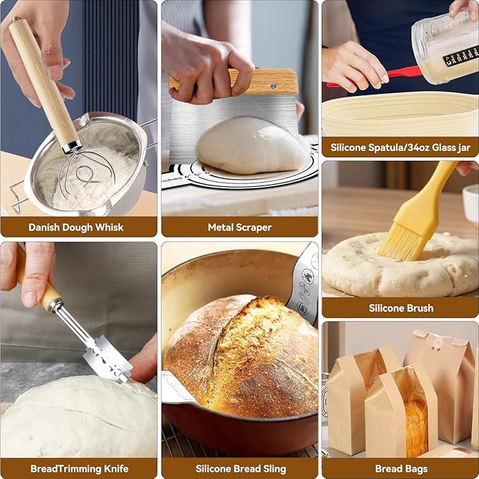 24 PCS Sourdough Starter Kit w/ 34oz Sourdough Starter Jar, Sourdough Bread Baking Supplies 9" Round & 10" Oval Silicone Banneton Bread Proofing Baskets & Baking Tools Set, Ideal Gift for Baking Gift