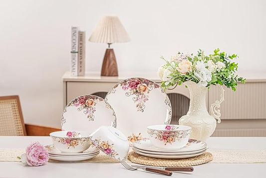 Bone China Plates and Bowels,12-Pieces Dinnerware Sets, Highly Chip and Crack Resistant, Dishwasher & Microwave Safe Dishes Set, Dense and Translucence