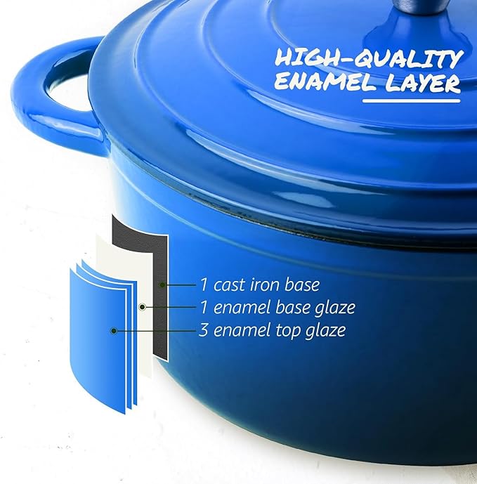 Overmont Enameled Cast Iron Dutch Oven - 5.5QT Pot with Lid Cookbook & Cotton Potholders - Heavy-Duty Cookware for Braising, Stews, Roasting, Bread Baking blue
