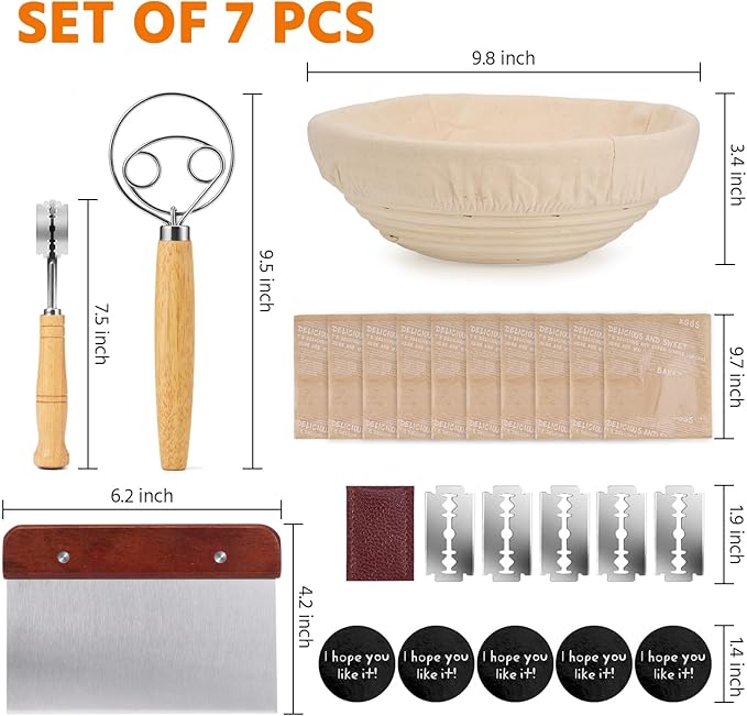 Banneton Bread Proofing Basket, Round 10 Inch Sourdough Starter Kit, Sourdough Bread Baking Supplies with Sourdough Proofing Basket Danish Dough Whisk Scoring Lame Dough Scraper Bread Bag with Sticker