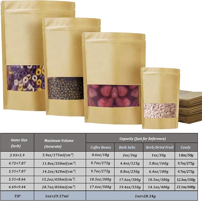100 PCS Resealable Bags, Stand Up Kraft Paper Bags with Matte Window, Zipper Lock Food Storage Bags for Small Business and Home, 3.93 * 5.9 Inch Reusable Sealable Bags for Packaging