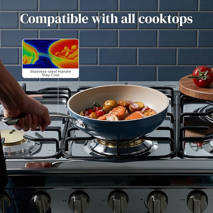 Redchef Nonstick Ceramic Pans, 4-Piece Deep Ceramic Frying Pan with Lid, 8" 9.5" 11" Deep Frying Pan, Egg Frying Pans Suitable for All Stovetops, PFAS & PTFE & PFOA Free, Dishwasher & Oven Safe, Blue