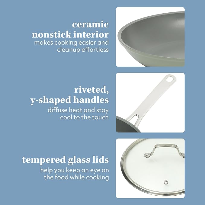 Sur La Table Kitchen Essentials Cool Commune Hard Anodized 10 Piece PFA Free Ceramic Non stick Interior Forged Durable Aluminum Pots and Pans Cookware Set - Green - Induction Compatible