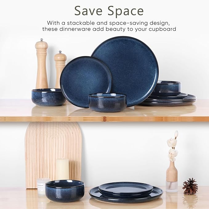 Herogo 24 Pieces Stoneware Dinnerware Set Service for 8, Dinner Plates and Bowls Sets, Double Reactive Glaze Dishes Set for Kitchen, Scratch Resistant, Microwave & Dishwasher Safe, Starry Blue