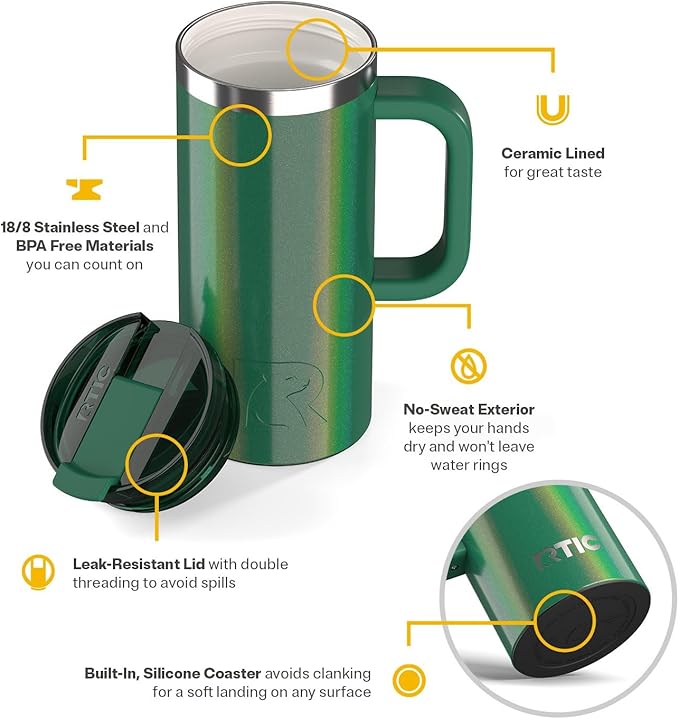 RTIC 16oz Road Trip Travel Mug with Lid and Handle, Ceramic Lined, Insulated, Stainless Steel, Metal, Double Wall Vacuum-Insulation, Portable Coffee, Tea Cup for Hot and Cold Drink, Pine Tree Glitter