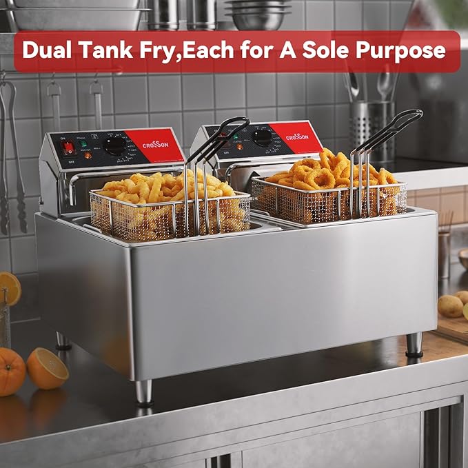 CROSSON ETL Listed 30Lbs Dual Tank Electric Commercial Deep Fryer with Solid Basket,Lid and Height Adjustable Legs for Restaurant Use,8L×2 Commercial Countertop Deep Fryer-120V/3600W(30Amps)