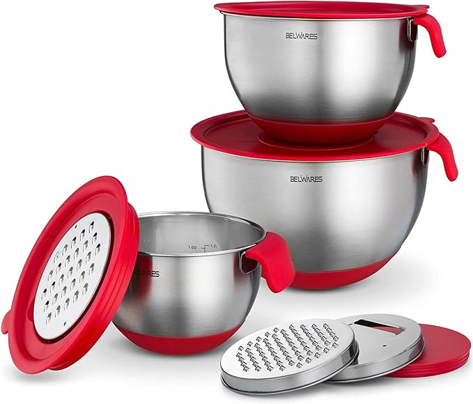 Belwares Mixing Bowls with Lids Set - 3-Piece Stainless Steel Nesting Bowls with Graters, Handles, and Airtight Lids - Non-Slip Mixing Bowls for Cooking, Baking, Prepping, and Food Storage (Red)