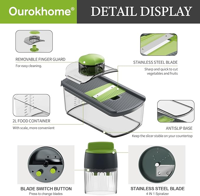 Ourokhome Mandolin Slicer with Handheld Spiralizer, Hand Safe Vegetable Shredder with 6 Mandoline Blades, Veggie Waffle Cutter for Potato, Carrot, Zucchini, Essential Kitchen Gadgets (10 in 1, Gray)