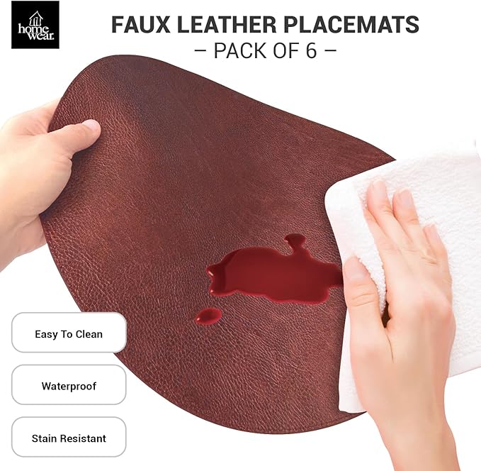 Placemats Set of 6 – Round 15” Faux Leather Table Mats for Dining, Heat Resistant & Non-Slip Washable Indoor, Outdoor, Dining Table Set for 6, Modern Kitchen & Holiday Use, Burgundy
